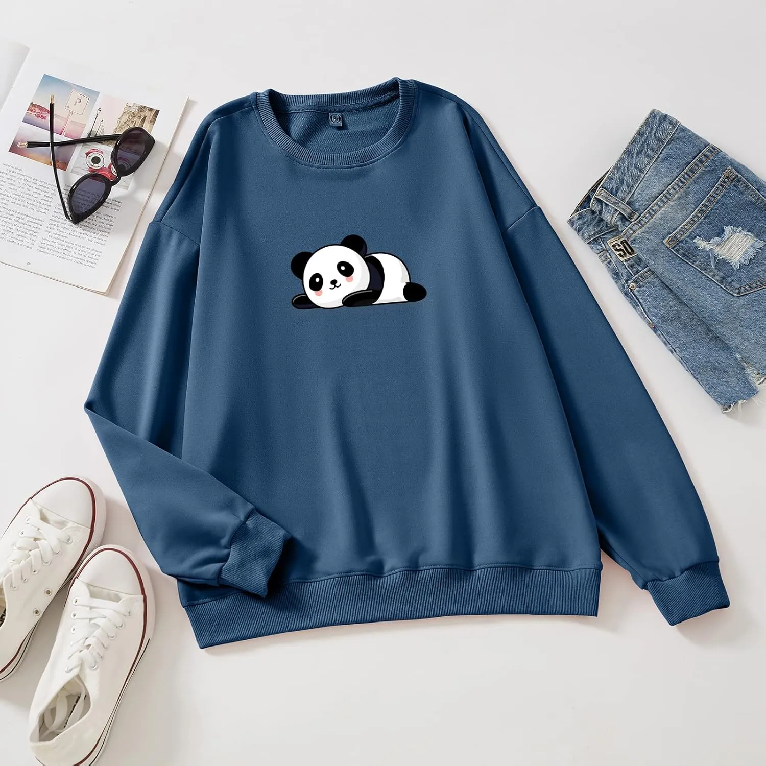 Bobeutou Cute Panda Print Crewneck Sweatshirt Women Pullove Long Sleeve Oversized Hoodie for Teen Girls Loose Y2k Kawaii Tops