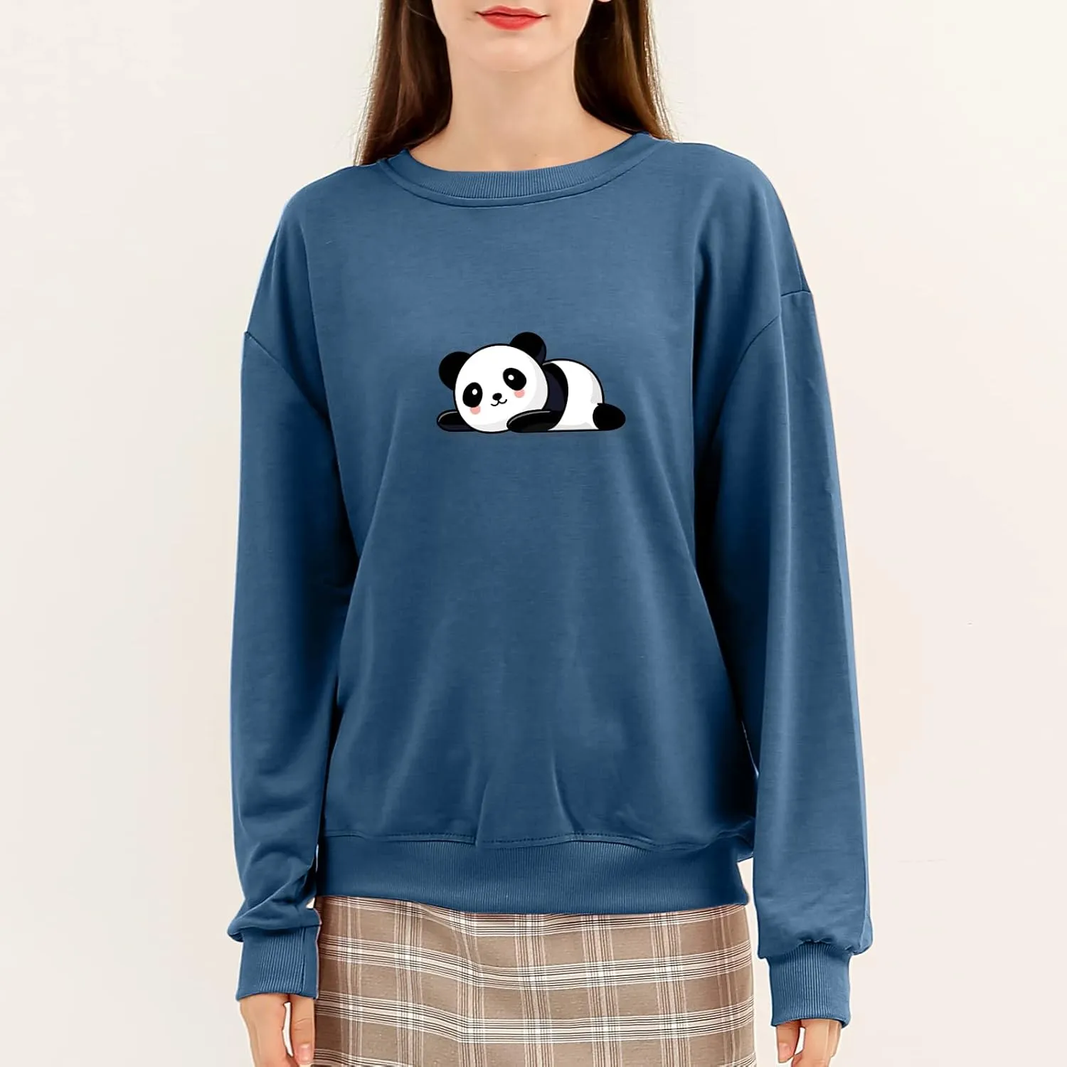 Bobeutou Cute Panda Print Crewneck Sweatshirt Women Pullove Long Sleeve Oversized Hoodie for Teen Girls Loose Y2k Kawaii Tops