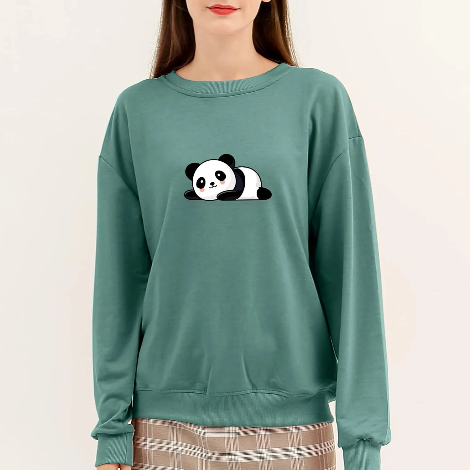 Bobeutou Cute Panda Print Crewneck Sweatshirt Women Pullove Long Sleeve Oversized Hoodie for Teen Girls Loose Y2k Kawaii Tops