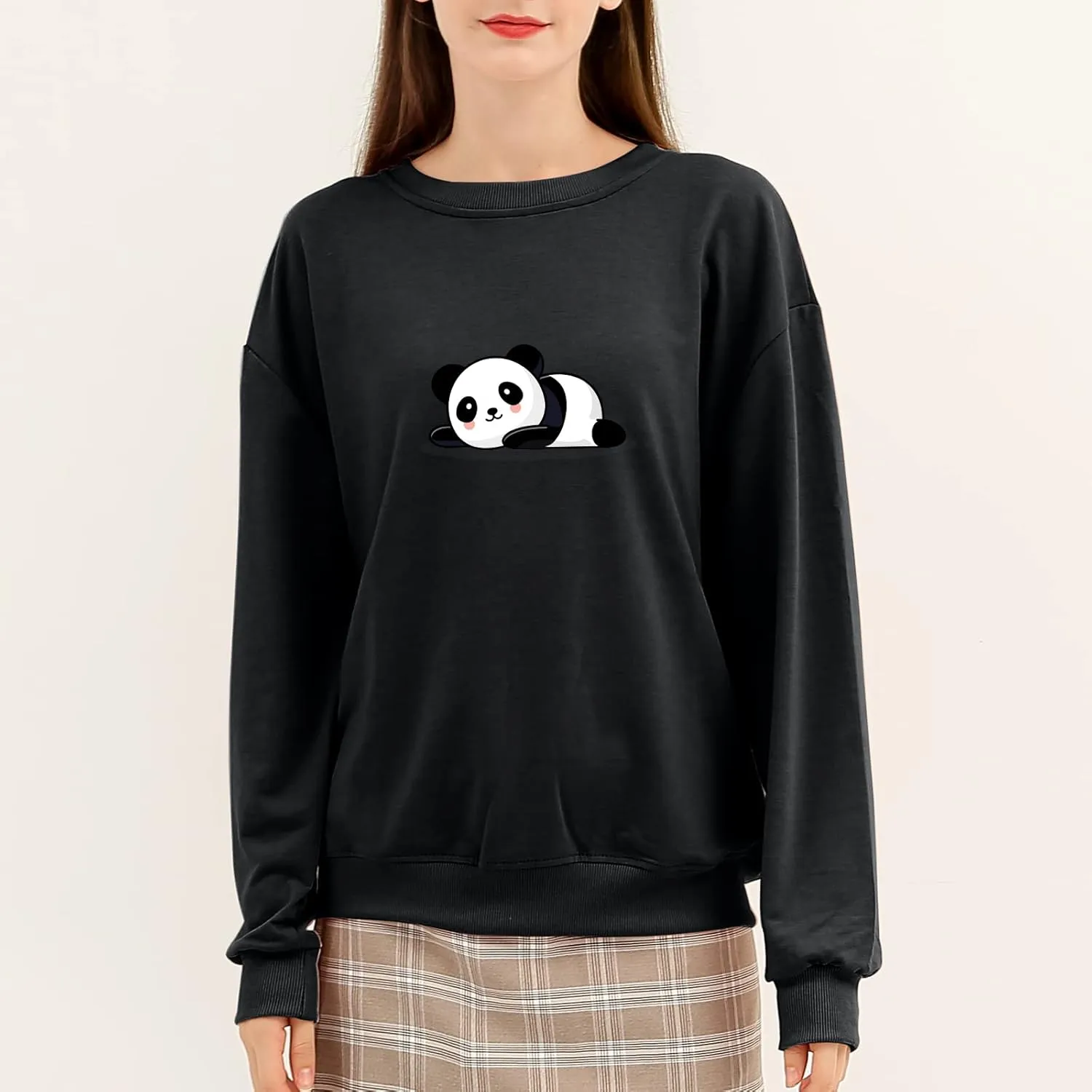 Bobeutou Cute Panda Print Crewneck Sweatshirt Women Pullove Long Sleeve Oversized Hoodie for Teen Girls Loose Y2k Kawaii Tops