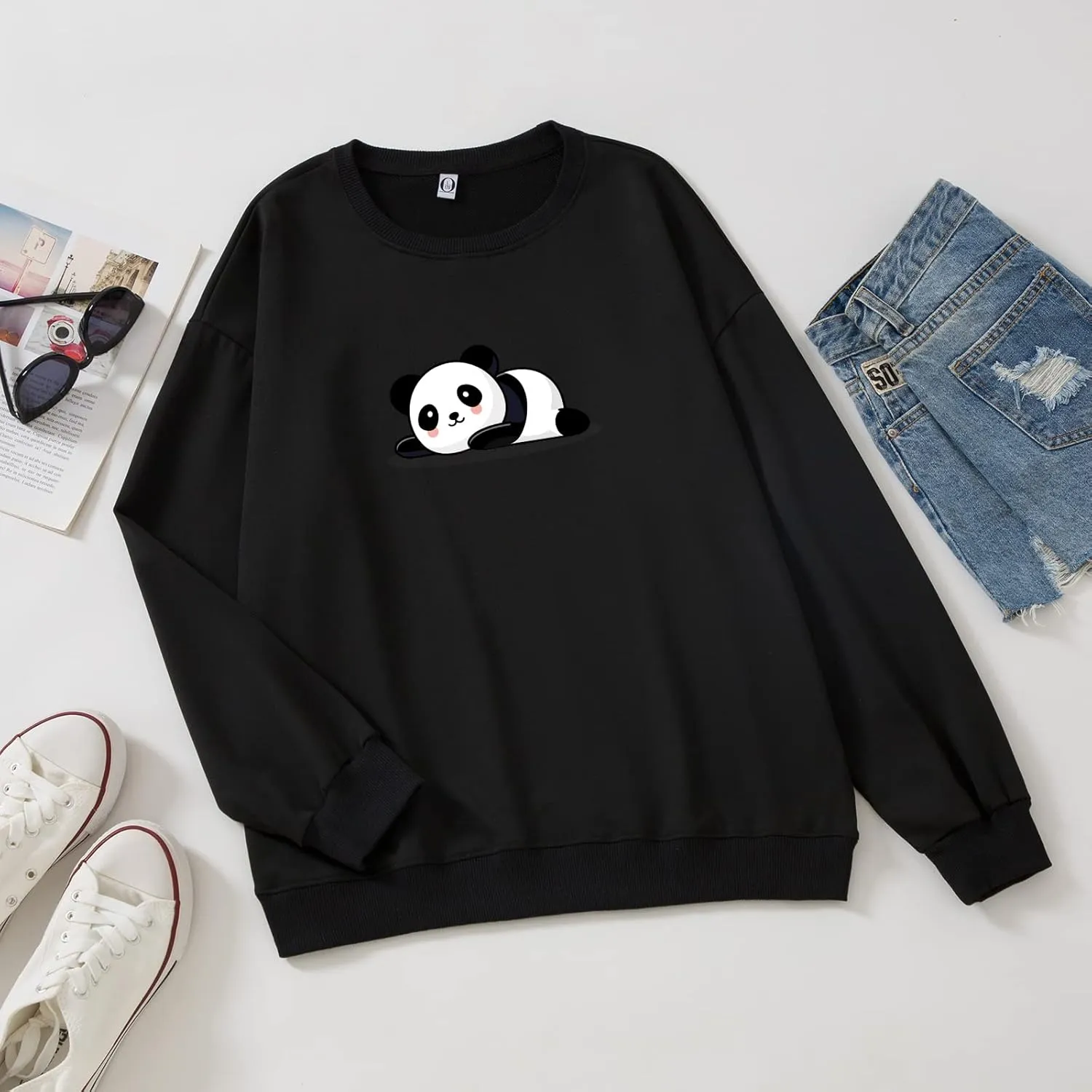 Bobeutou Cute Panda Print Crewneck Sweatshirt Women Pullove Long Sleeve Oversized Hoodie for Teen Girls Loose Y2k Kawaii Tops