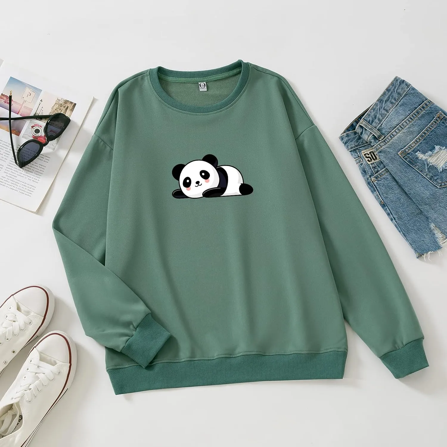 Bobeutou Cute Panda Print Crewneck Sweatshirt Women Pullove Long Sleeve Oversized Hoodie for Teen Girls Loose Y2k Kawaii Tops