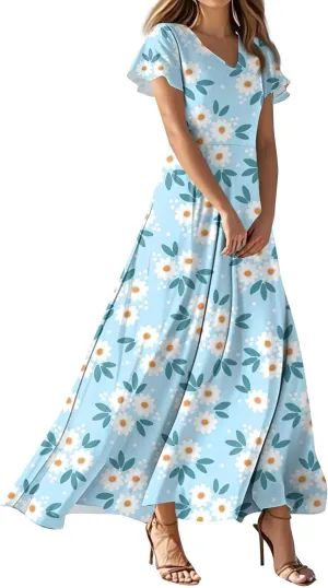 Boho Dresses for Women 2025 Floral Maxi Dress - Short Sleeve Summer Wedding Guest Dress Empire Waist Modest Midi Dresses