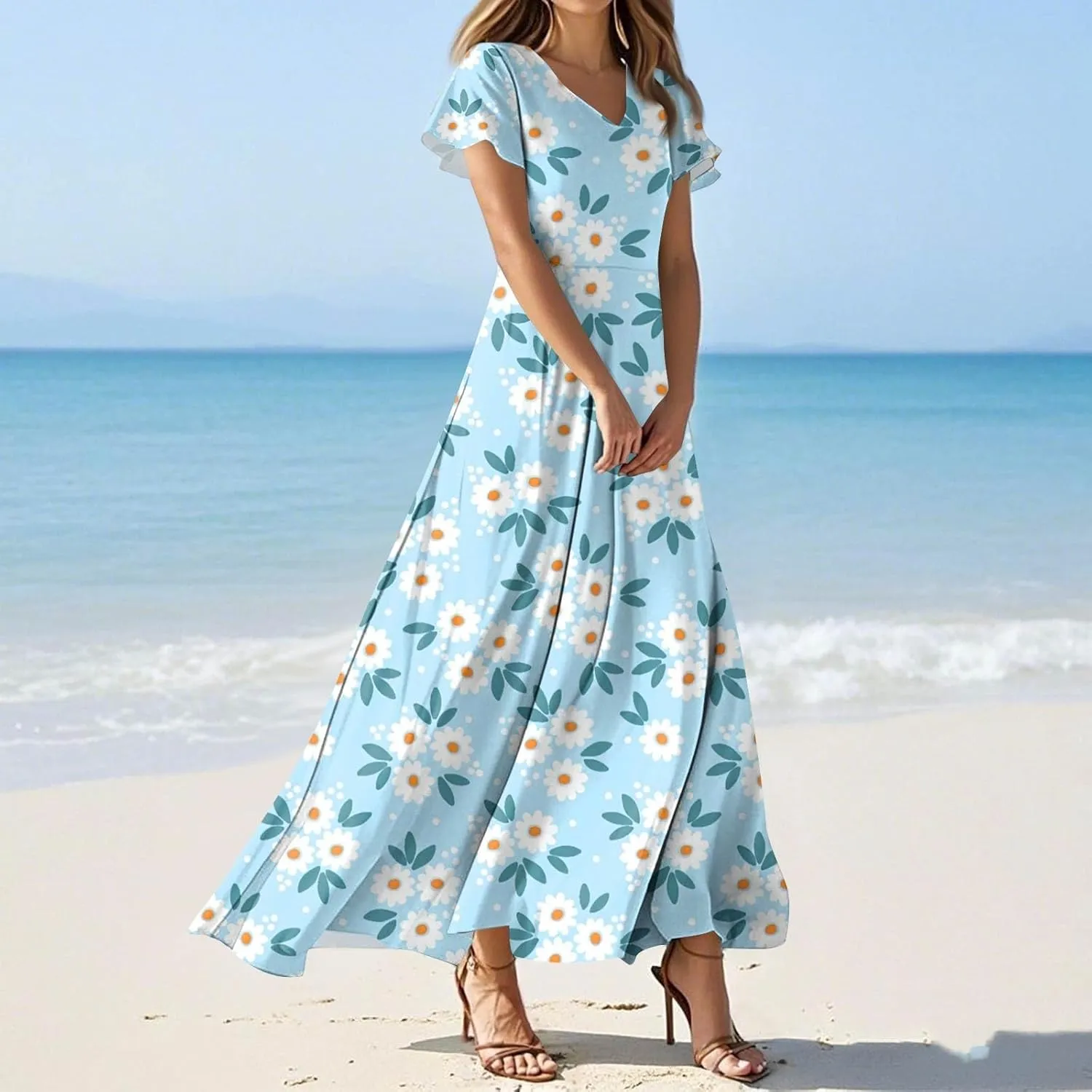 Boho Dresses for Women 2025 Floral Maxi Dress - Short Sleeve Summer Wedding Guest Dress Empire Waist Modest Midi Dresses