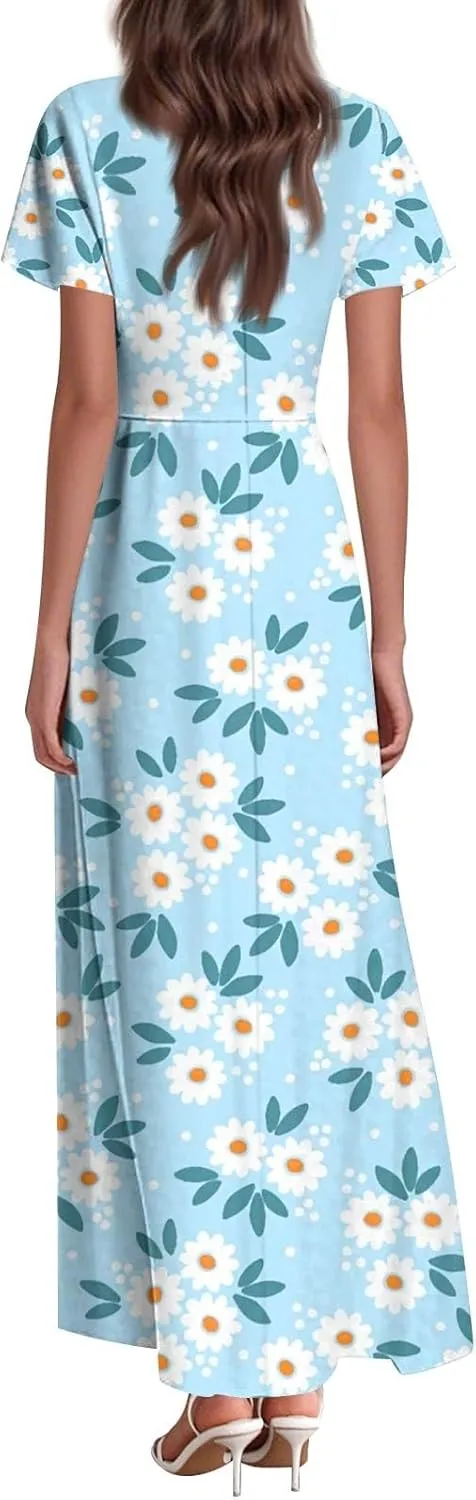 Boho Dresses for Women 2025 Floral Maxi Dress - Short Sleeve Summer Wedding Guest Dress Empire Waist Modest Midi Dresses