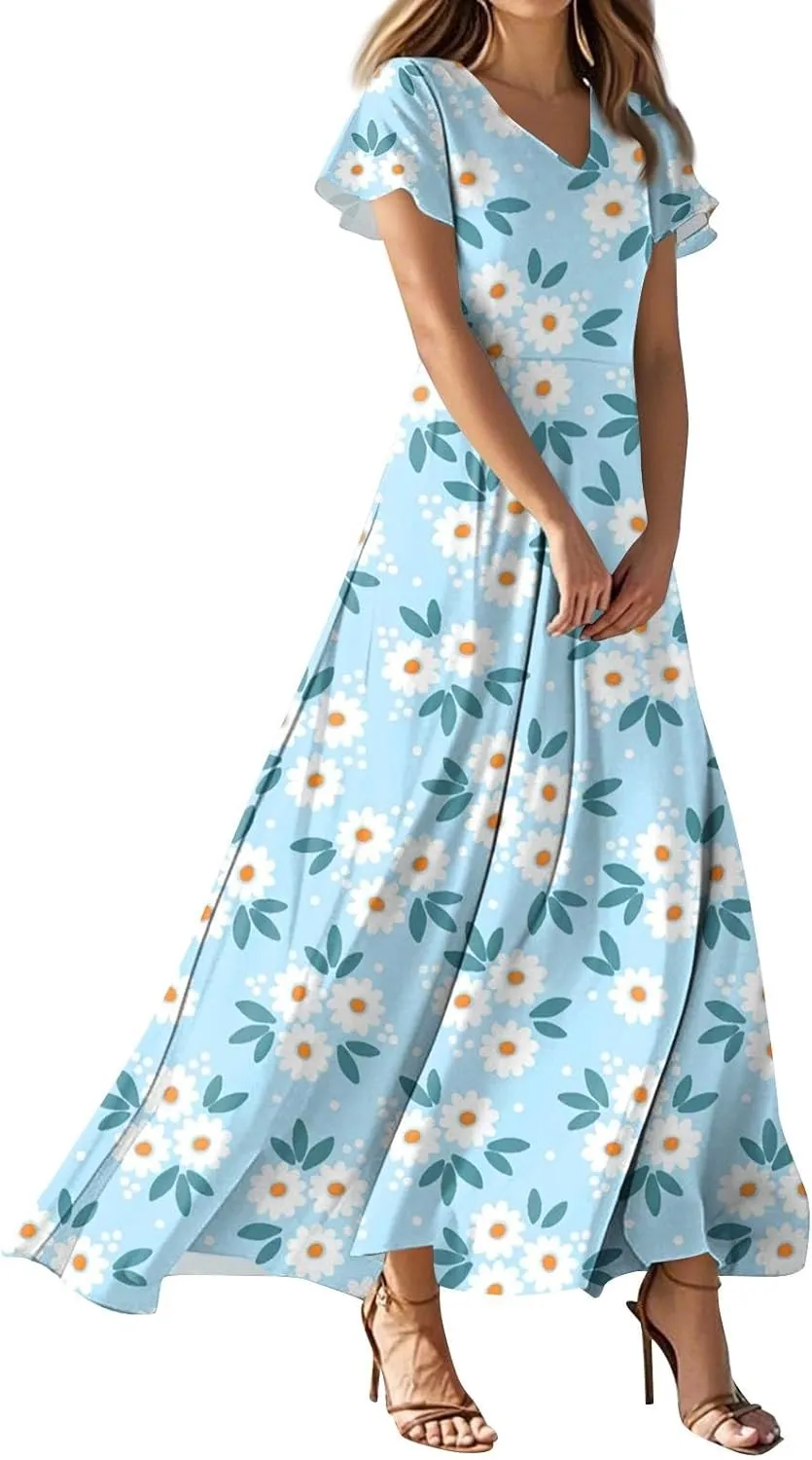 Boho Dresses for Women 2025 Floral Maxi Dress - Short Sleeve Summer Wedding Guest Dress Empire Waist Modest Midi Dresses