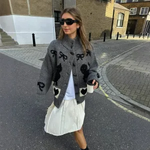 Bonnyshow Autumn Winter Sweaters Cardigan for Women Elegant Long Sleeve Casual Loose Knitted Coats Fashion Button Cartoon Pattern Knitwear