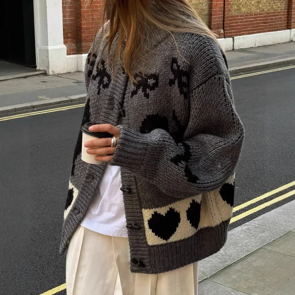 Bonnyshow Autumn Winter Sweaters Cardigan for Women Elegant Long Sleeve Casual Loose Knitted Coats Fashion Button Cartoon Pattern Knitwear