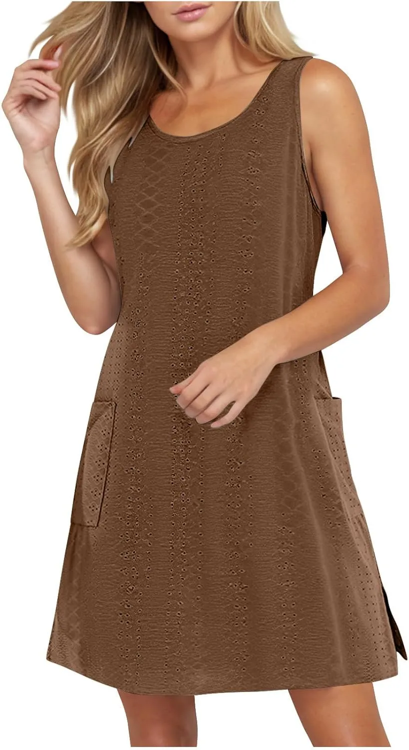 Borniu Tank Dress Womens Elegant T-Shirt Summer Eyelet Dresses Sleeveless Swing A Line Vacation Beach Sundress with Pockets
