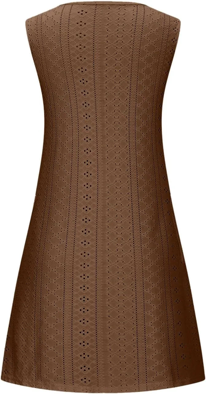 Borniu Tank Dress Womens Elegant T-Shirt Summer Eyelet Dresses Sleeveless Swing A Line Vacation Beach Sundress with Pockets