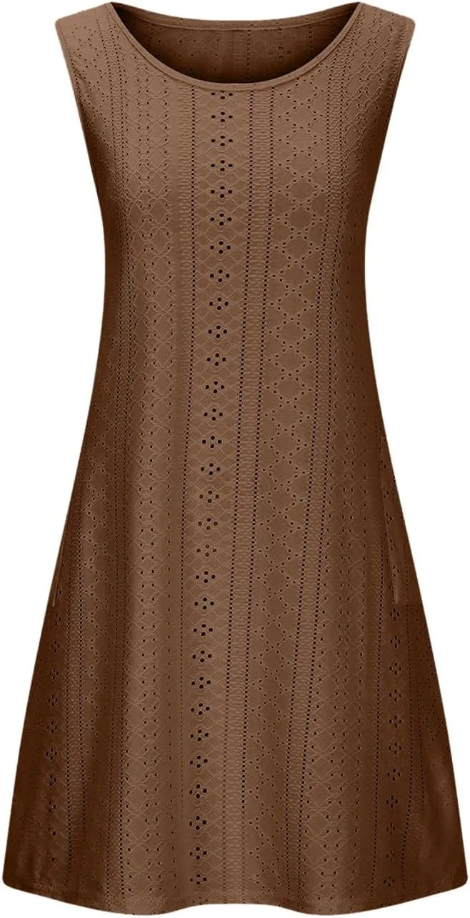 Borniu Tank Dress Womens Elegant T-Shirt Summer Eyelet Dresses Sleeveless Swing A Line Vacation Beach Sundress with Pockets