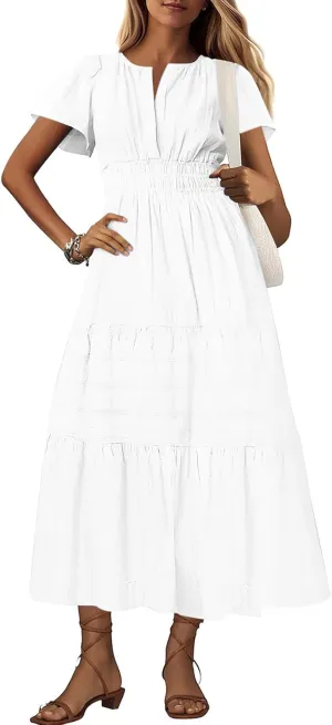 Borniu Women's Casual Summer Midi Dress 2025 Spring Short Sleeve V Neck Tiered Flowy Swing Solid Beach Vacation Dresses