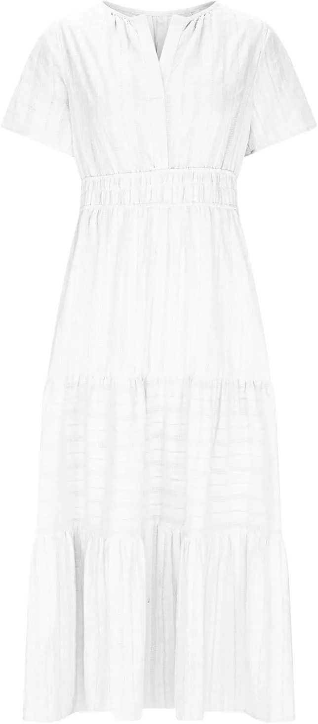 Borniu Women's Casual Summer Midi Dress 2025 Spring Short Sleeve V Neck Tiered Flowy Swing Solid Beach Vacation Dresses