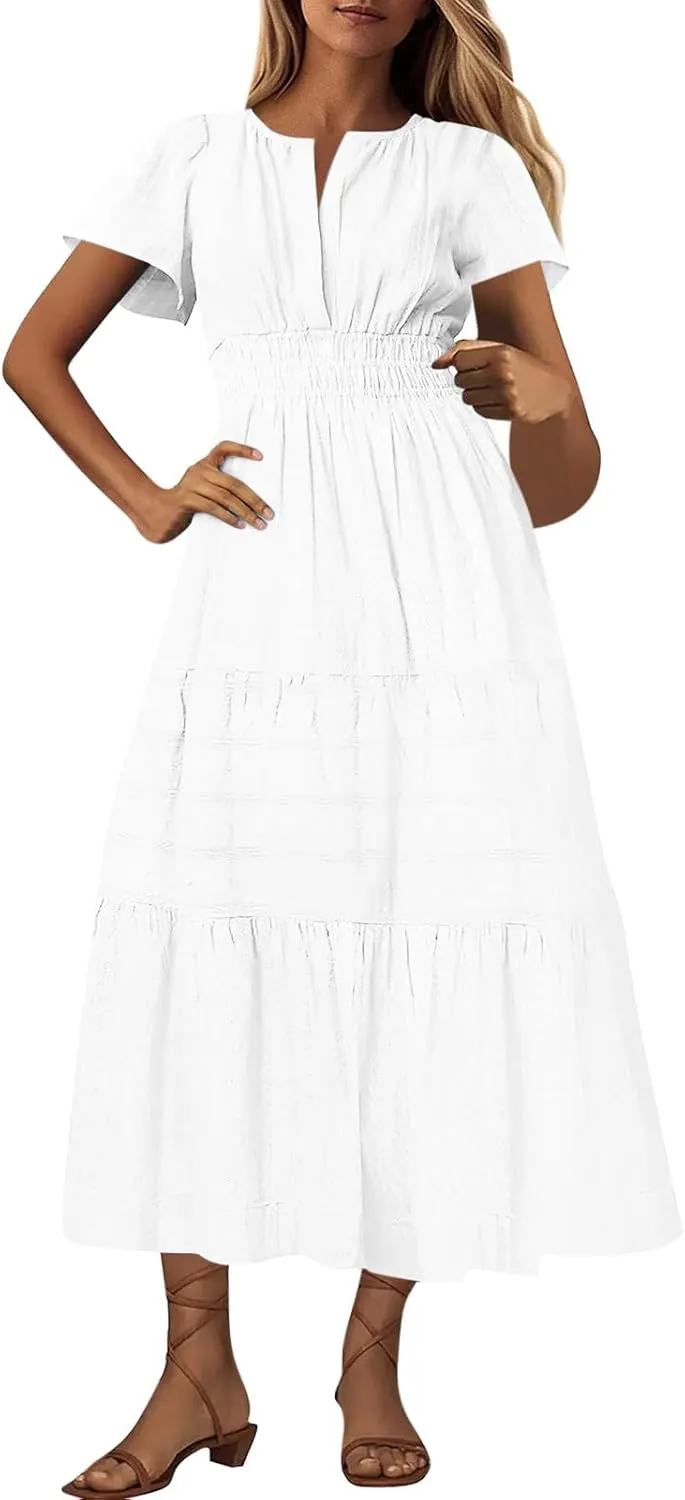 Borniu Women's Casual Summer Midi Dress 2025 Spring Short Sleeve V Neck Tiered Flowy Swing Solid Beach Vacation Dresses