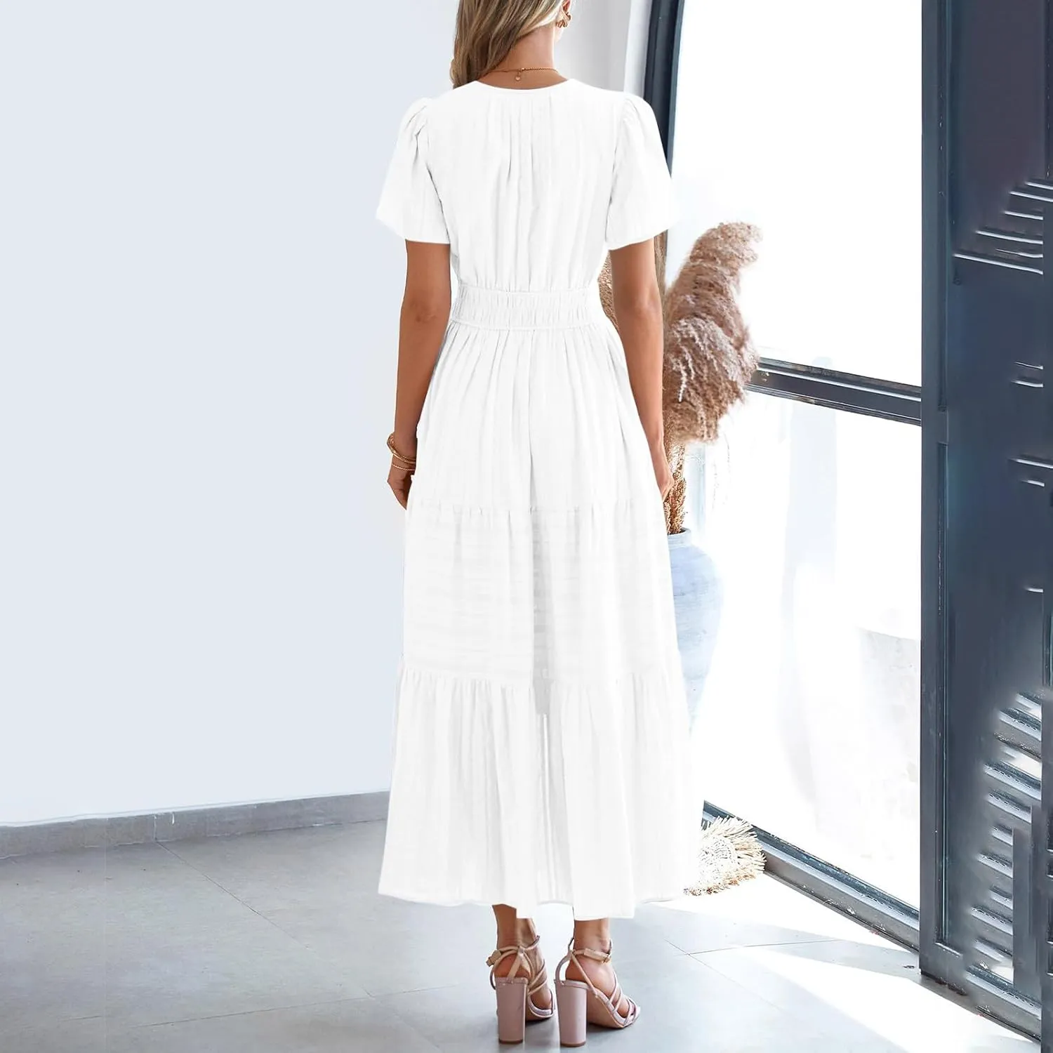 Borniu Women's Casual Summer Midi Dress 2025 Spring Short Sleeve V Neck Tiered Flowy Swing Solid Beach Vacation Dresses