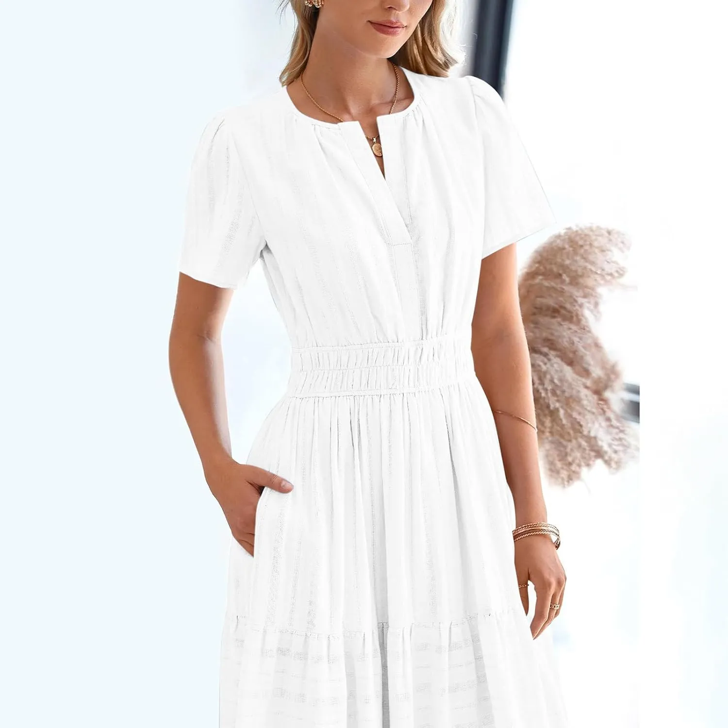 Borniu Women's Casual Summer Midi Dress 2025 Spring Short Sleeve V Neck Tiered Flowy Swing Solid Beach Vacation Dresses