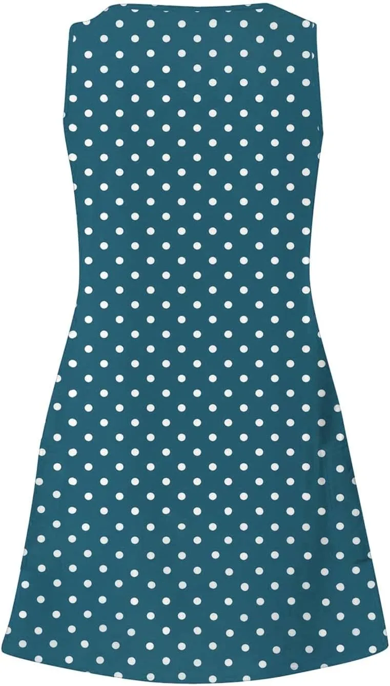 Borniu Women's Summer Casual V Neck Sundresses Polka Dots Knee Length Sleeveless A Line Tank Dress Beach Vocation Dresses