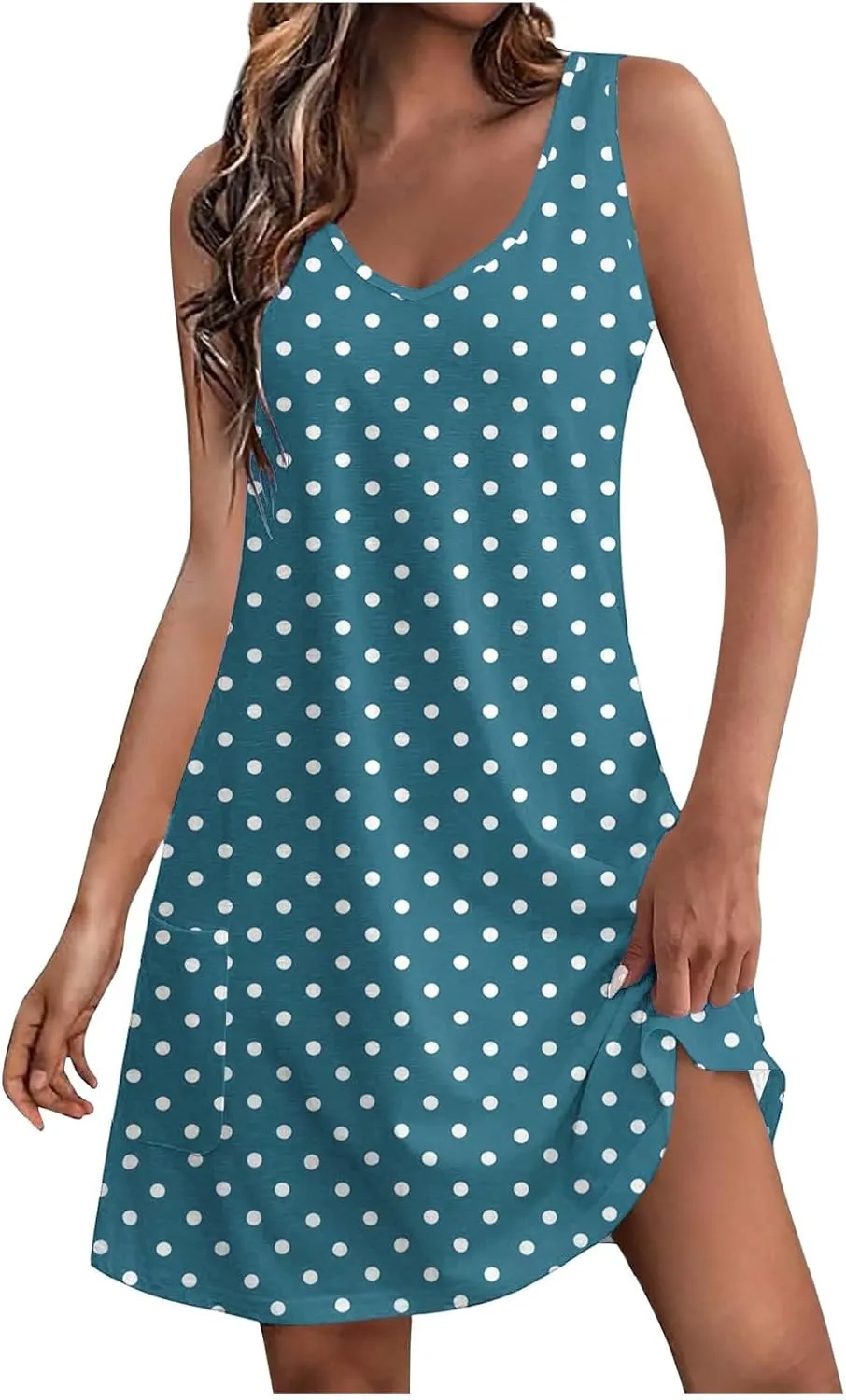 Borniu Women's Summer Casual V Neck Sundresses Polka Dots Knee Length Sleeveless A Line Tank Dress Beach Vocation Dresses