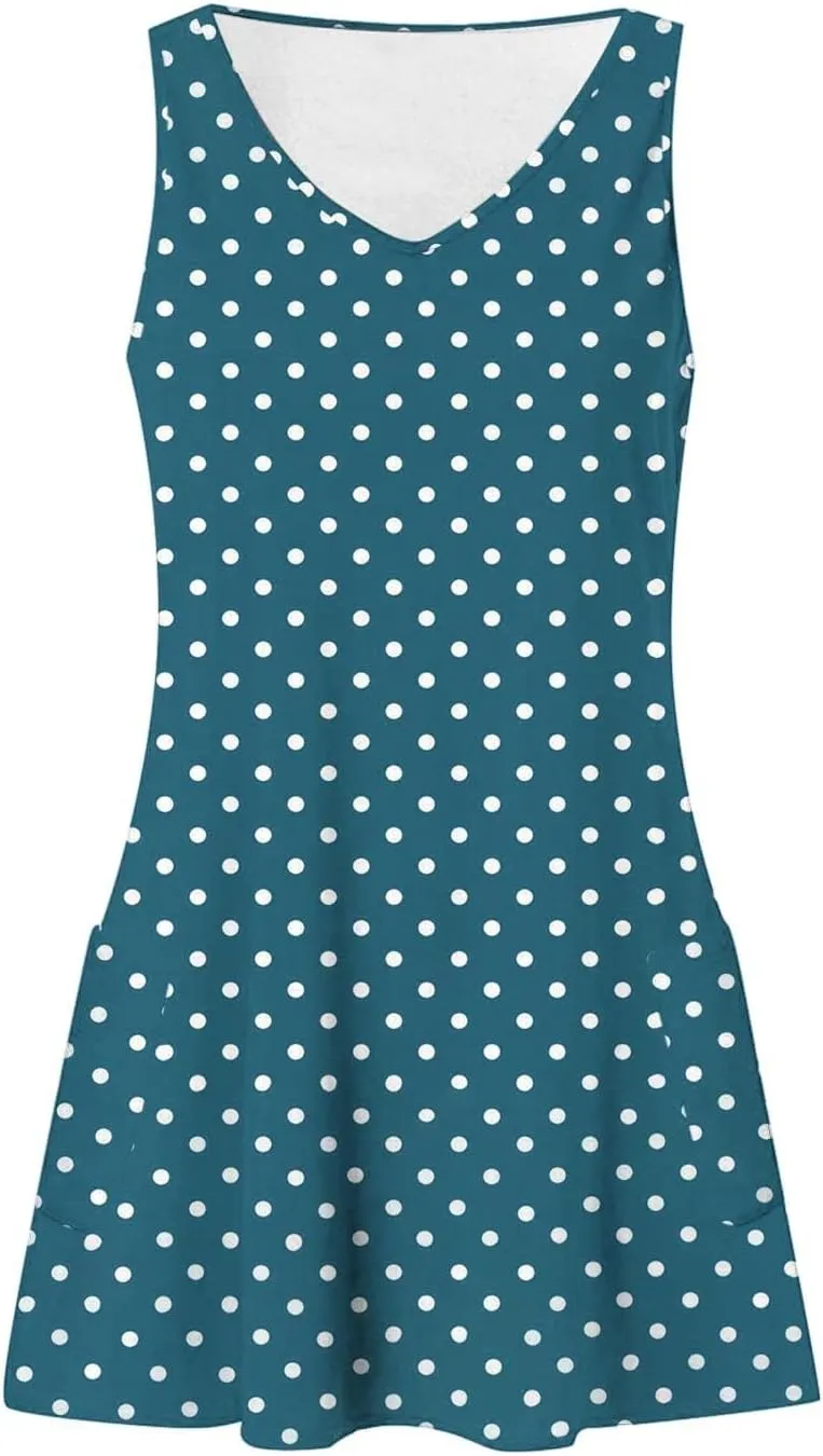 Borniu Women's Summer Casual V Neck Sundresses Polka Dots Knee Length Sleeveless A Line Tank Dress Beach Vocation Dresses