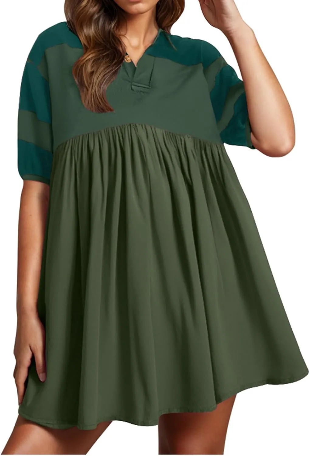 Borniu Women's Summer Short Sleeve Color Block Lapel Baggy Mini Dress Cute Babydoll Ruffle Pleated A Line Tunic Dresses