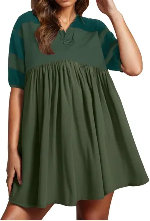 Borniu Women's Summer Short Sleeve Color Block Lapel Baggy Mini Dress Cute Babydoll Ruffle Pleated A Line Tunic Dresses