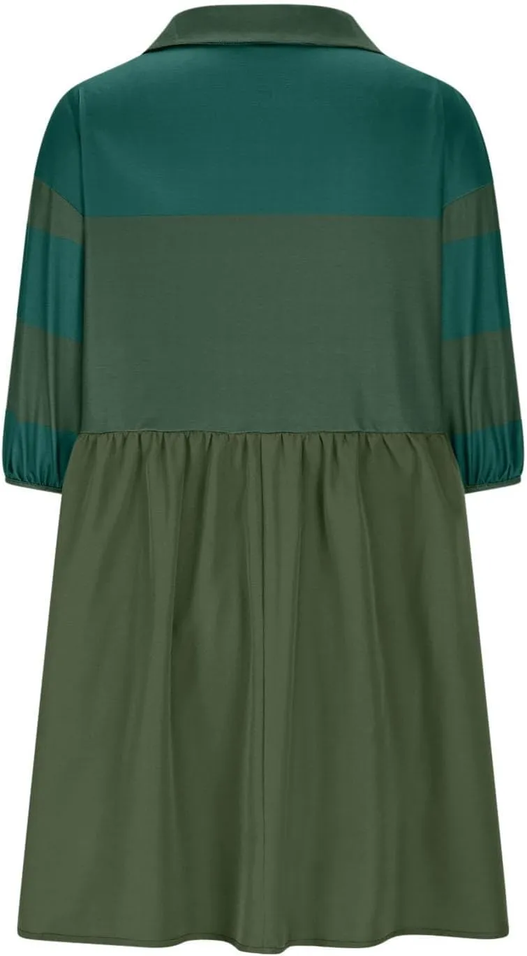 Borniu Women's Summer Short Sleeve Color Block Lapel Baggy Mini Dress Cute Babydoll Ruffle Pleated A Line Tunic Dresses
