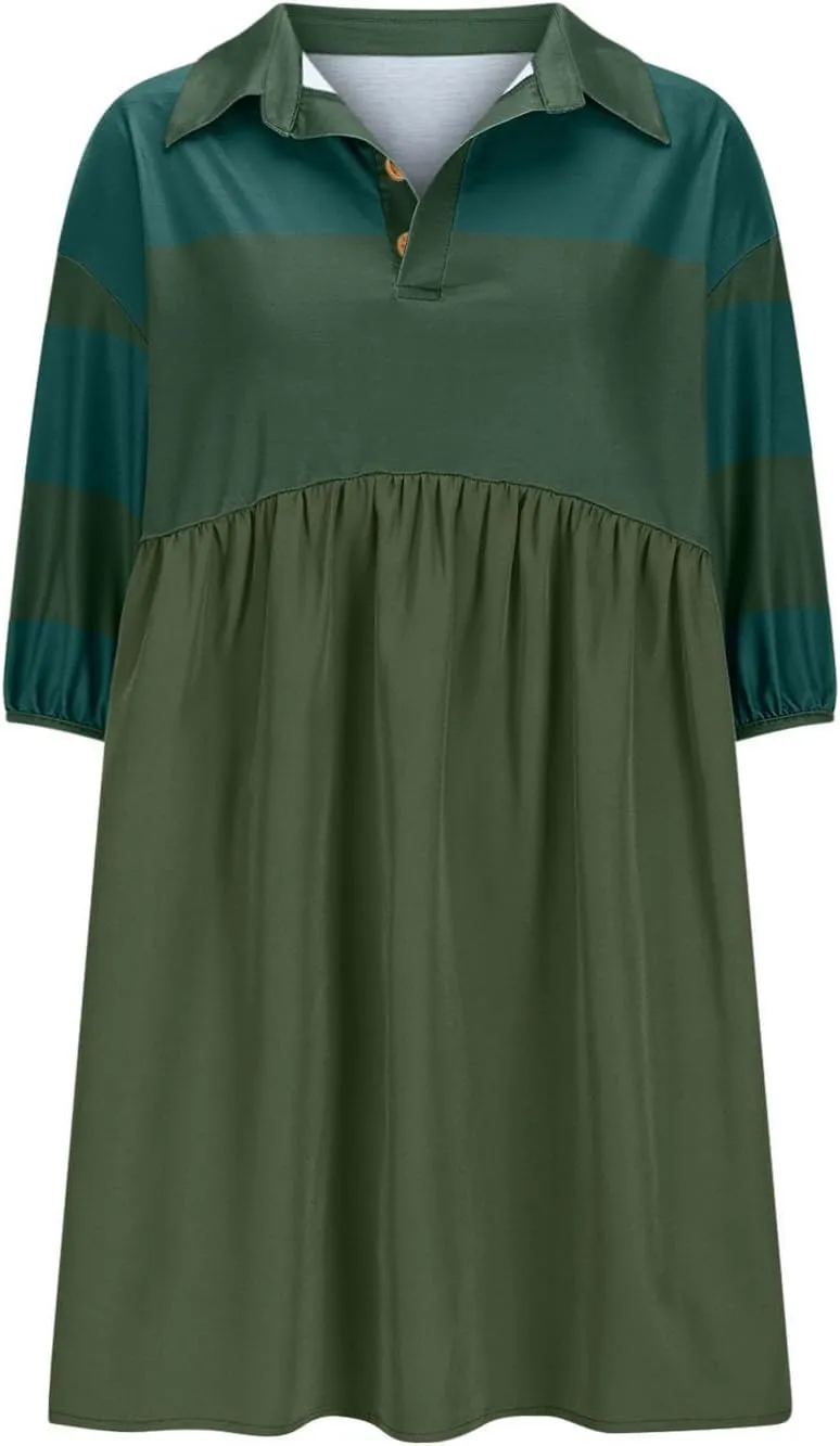 Borniu Women's Summer Short Sleeve Color Block Lapel Baggy Mini Dress Cute Babydoll Ruffle Pleated A Line Tunic Dresses