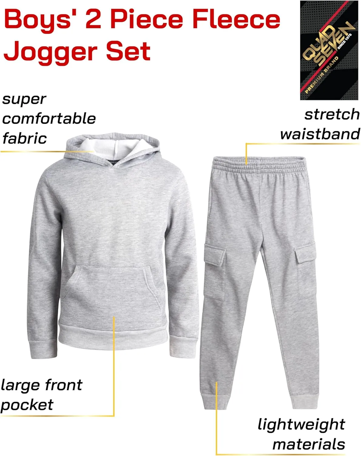 Boys' Fleece Jogger Set - 2 Piece Basic Solid Pullover Hoodie and Cargo Pocket Sweatpants (Size: 8-18)
