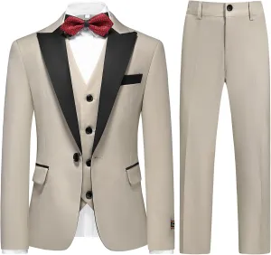 Boys Suits 3 Piece Slim Fit Formal Set One Button Solid Tuxedo Jacket Vest Pant for Kids Prom Wedding 4-16 Years Peak Lapel