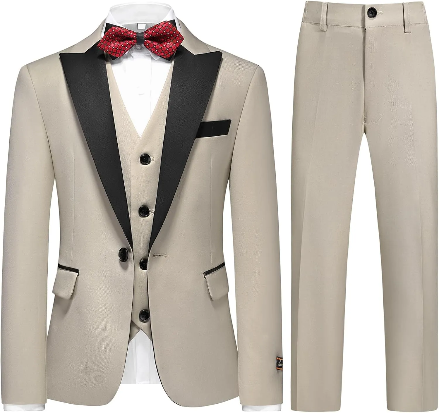 Boys Suits 3 Piece Slim Fit Formal Set One Button Solid Tuxedo Jacket Vest Pant for Kids Prom Wedding 4-16 Years Peak Lapel