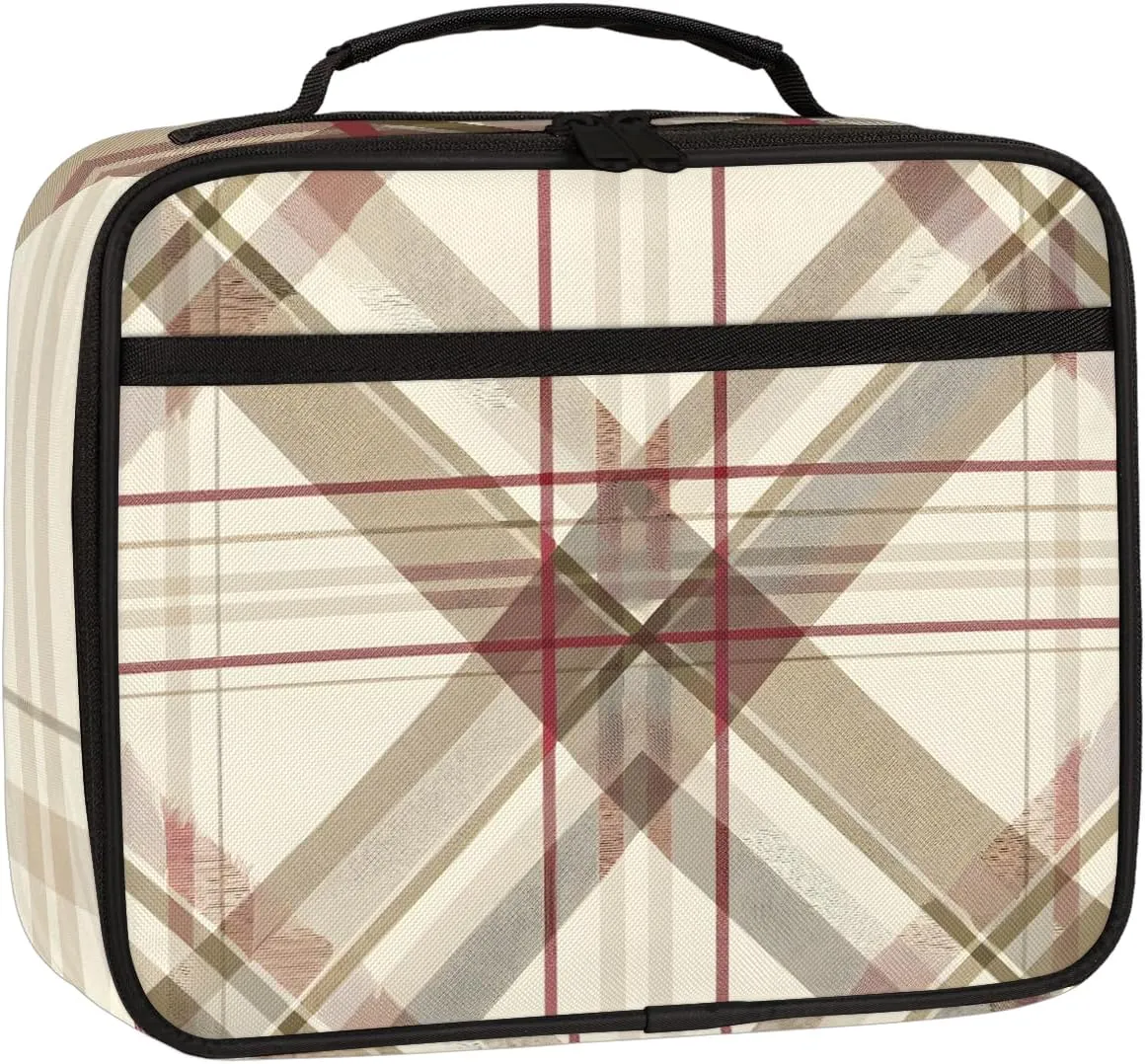 Buffalo Plaid Square Lunch Bag Beige Red Square Tote Lunch Bag Reusable Lunch Box Leakproof Cooler Bag