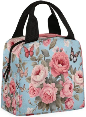 Butterfly Pink Rose Lunch Bag Flowers Butterfly Tote Lunch Bag Reusable Lunch Box Leakproof Cooler Bag