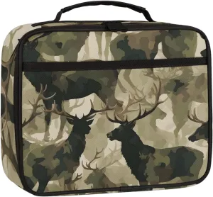 Camo Deer Square Lunch Bag Elk Animal Square Tote Lunch Bag Reusable Lunch Box Leakproof Cooler Bag