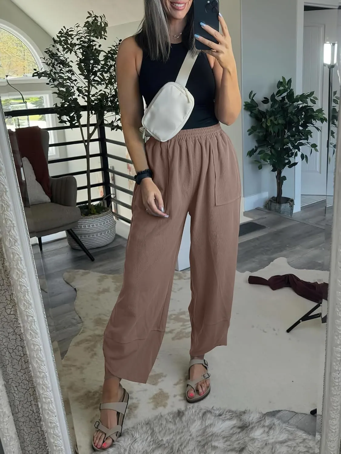 Caracilia Women Wide Leg Pants Casual Elastic Waist Loose Baggy Harem Comfy Beach Lounge Sweatpants with Pockets