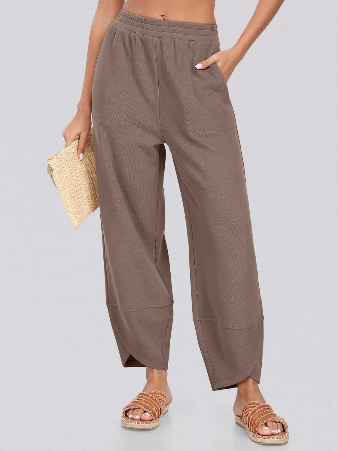Caracilia Women Wide Leg Pants Casual Elastic Waist Loose Baggy Harem Comfy Beach Lounge Sweatpants with Pockets
