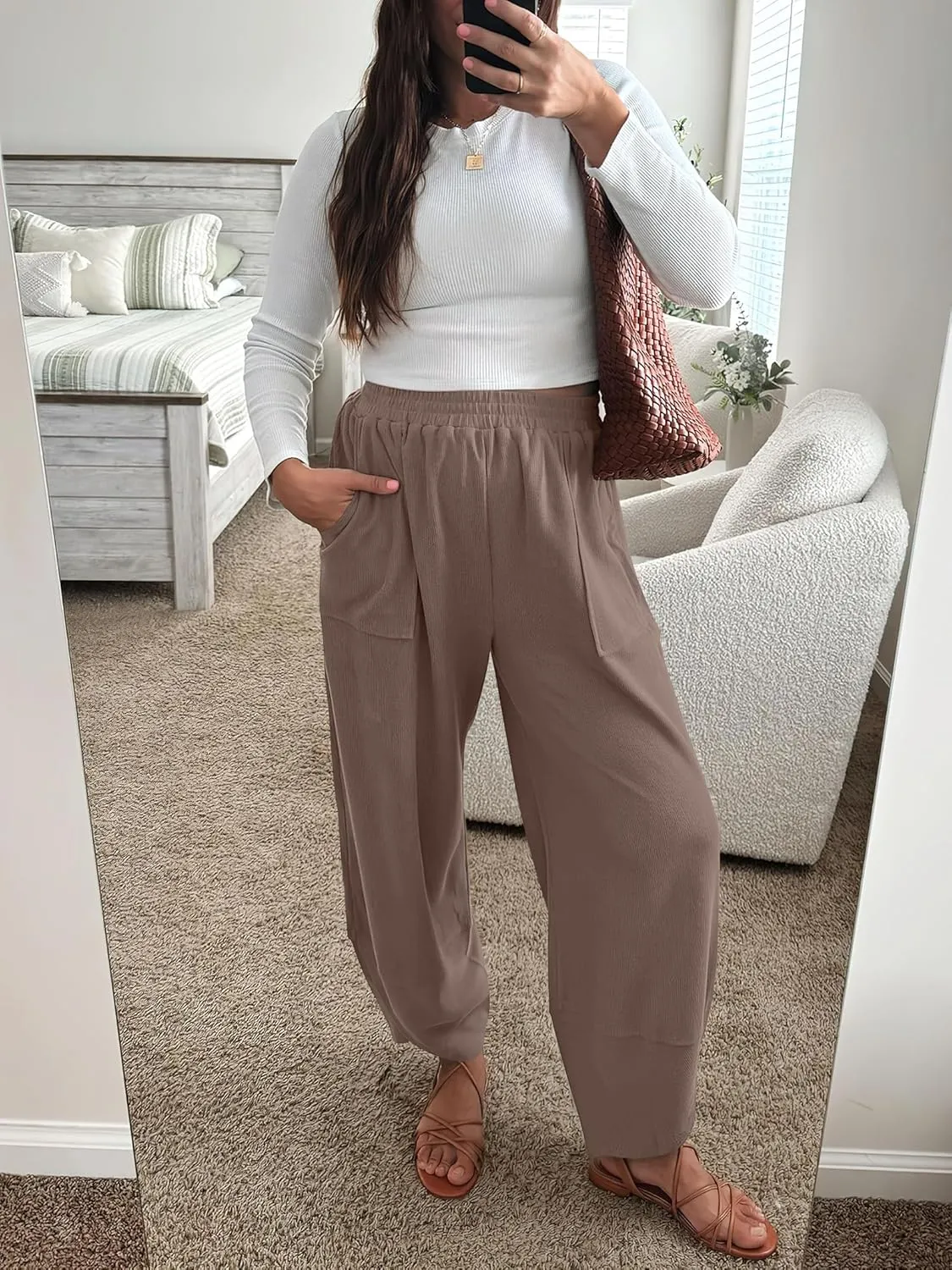 Caracilia Women Wide Leg Pants Casual Elastic Waist Loose Baggy Harem Comfy Beach Lounge Sweatpants with Pockets