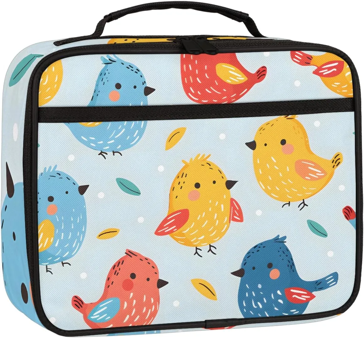 Cartoon Colorful Birds Square Lunch Bag Bird Square Tote Lunch Bag Reusable Lunch Box Leakproof Cooler Bag