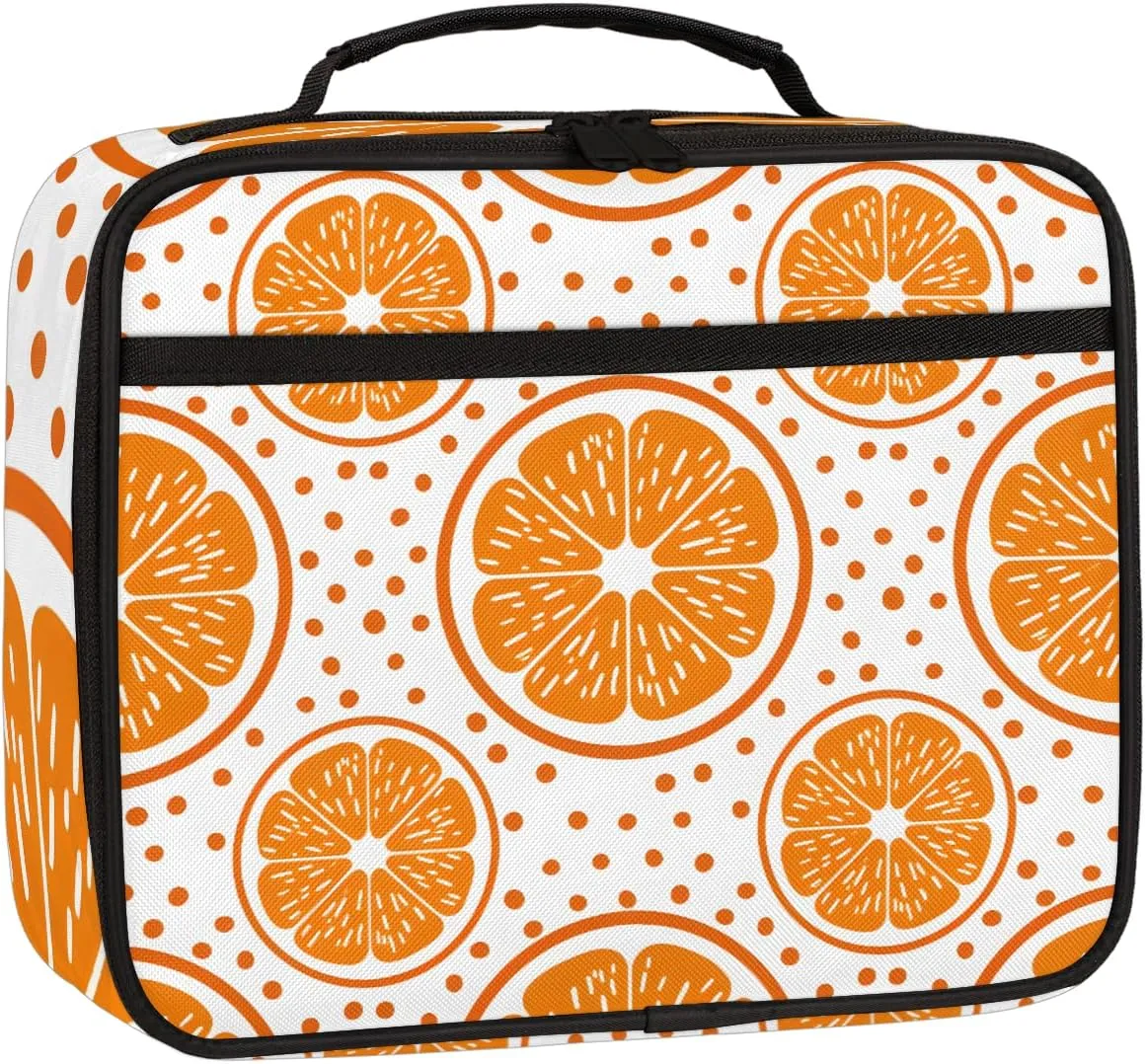 Cartoon Orange Square Lunch Bag Orange Print Square Tote Lunch Bag Reusable Lunch Box Leakproof Cooler Bag