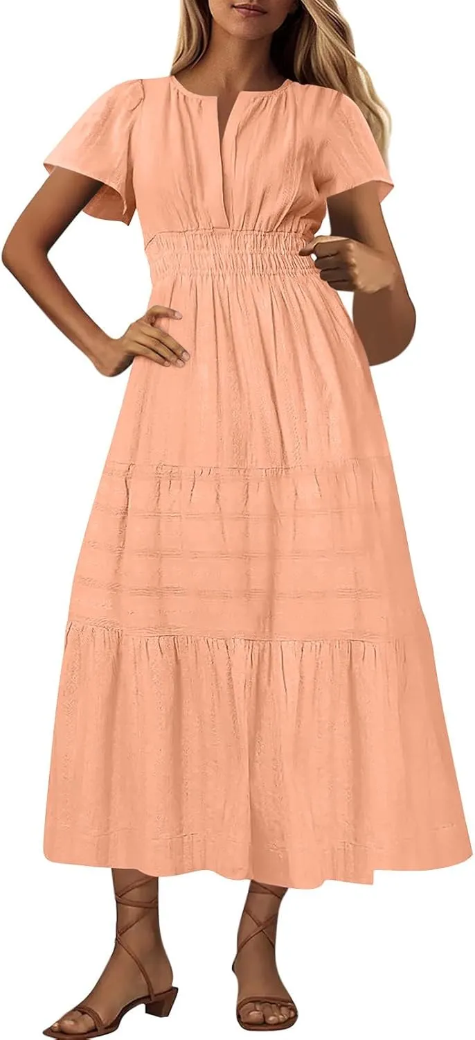 Casual Dresses for Women 2025 High Waisted Summer Vacation Dress Short Sleeve V Neck Holiday Midi Dresses