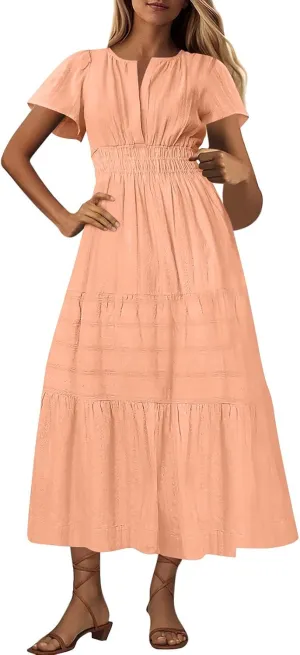 Casual Dresses for Women 2025 High Waisted Summer Vacation Dress Short Sleeve V Neck Holiday Midi Dresses