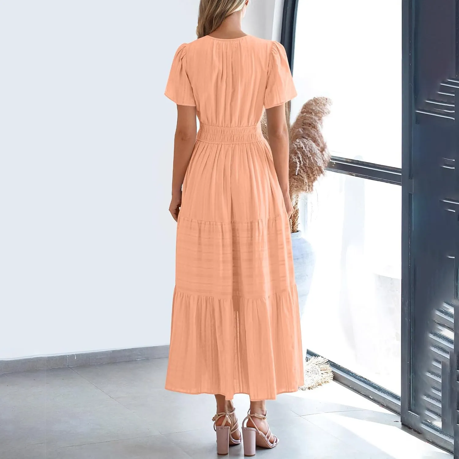 Casual Dresses for Women 2025 High Waisted Summer Vacation Dress Short Sleeve V Neck Holiday Midi Dresses