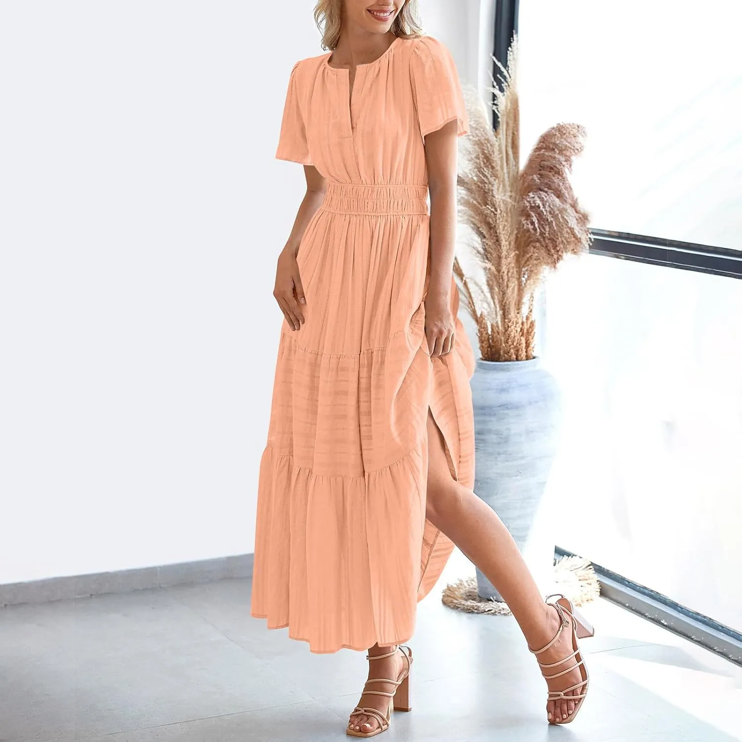 Casual Dresses for Women 2025 High Waisted Summer Vacation Dress Short Sleeve V Neck Holiday Midi Dresses