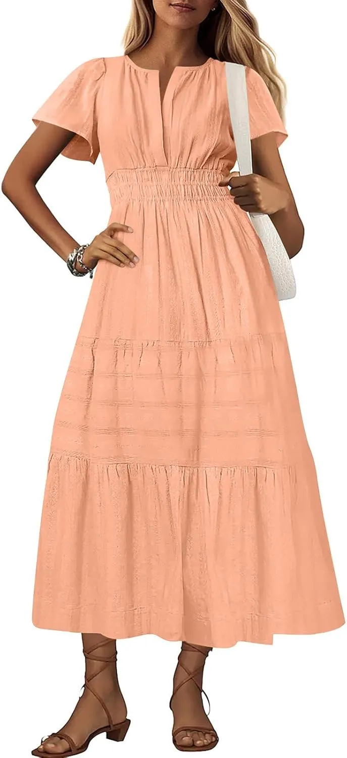 Casual Dresses for Women 2025 High Waisted Summer Vacation Dress Short Sleeve V Neck Holiday Midi Dresses