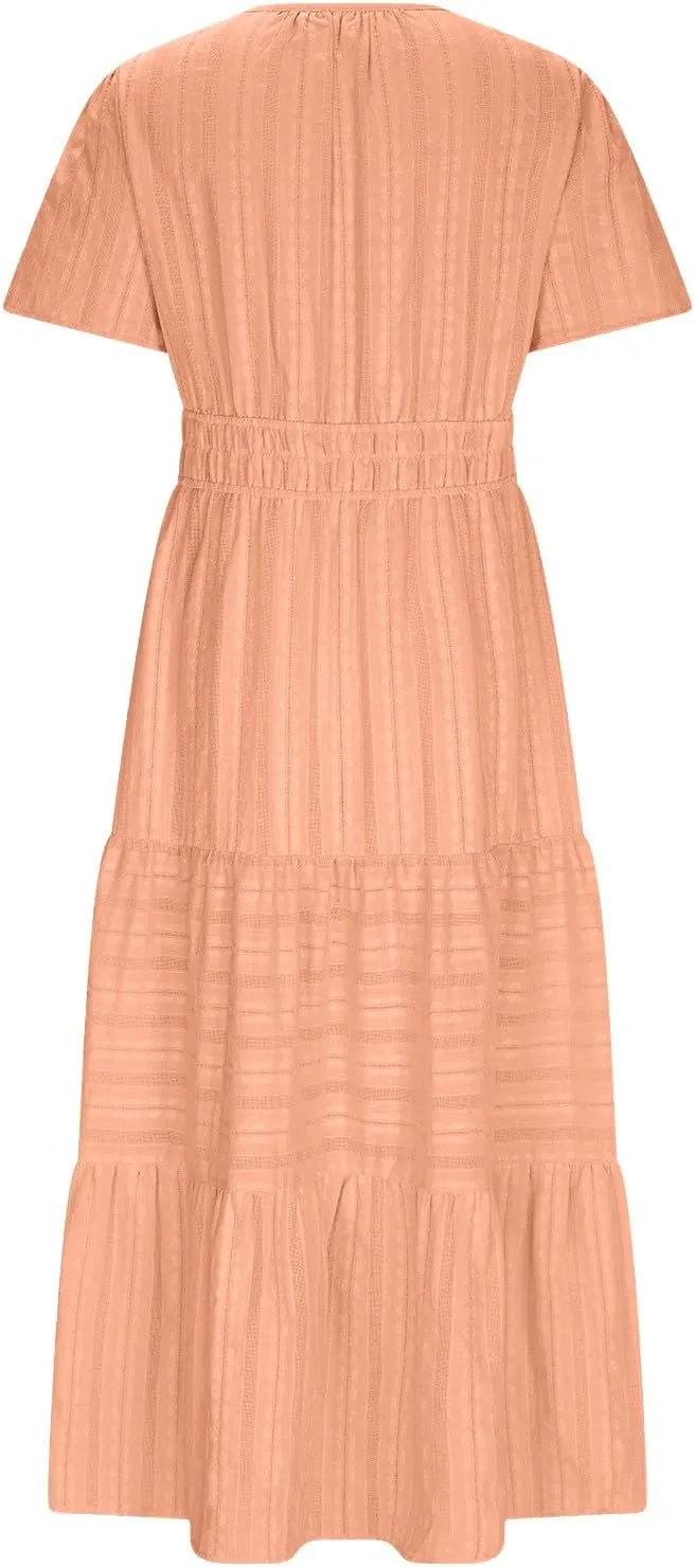 Casual Dresses for Women 2025 High Waisted Summer Vacation Dress Short Sleeve V Neck Holiday Midi Dresses