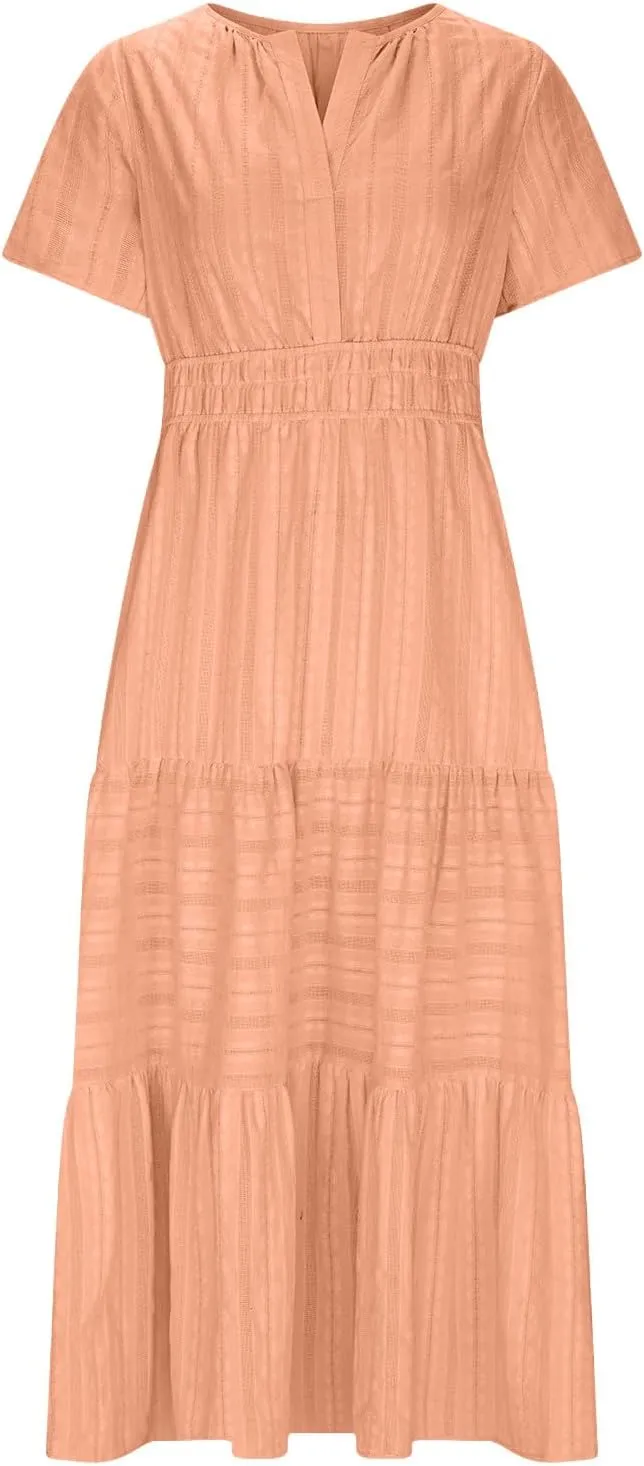 Casual Dresses for Women 2025 High Waisted Summer Vacation Dress Short Sleeve V Neck Holiday Midi Dresses