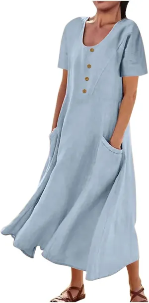 Casual Summer Dresses for Women Short Sleeve Cotton Linen Dress Plus Size Maxi Long Dress Flowy Sun Dress with Pockets