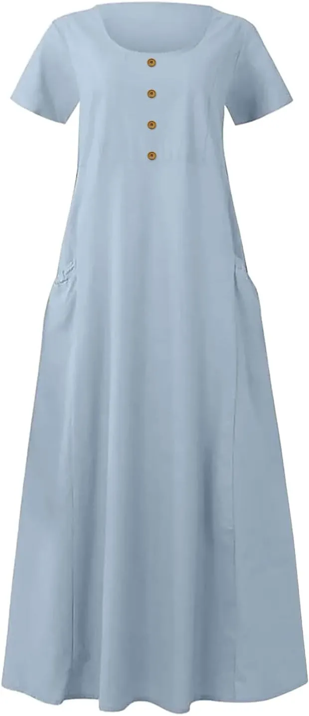 Casual Summer Dresses for Women Short Sleeve Cotton Linen Dress Plus Size Maxi Long Dress Flowy Sun Dress with Pockets