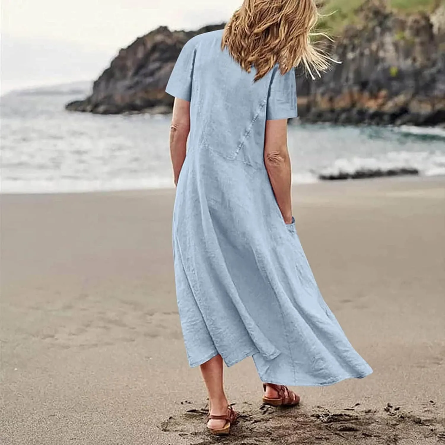 Casual Summer Dresses for Women Short Sleeve Cotton Linen Dress Plus Size Maxi Long Dress Flowy Sun Dress with Pockets