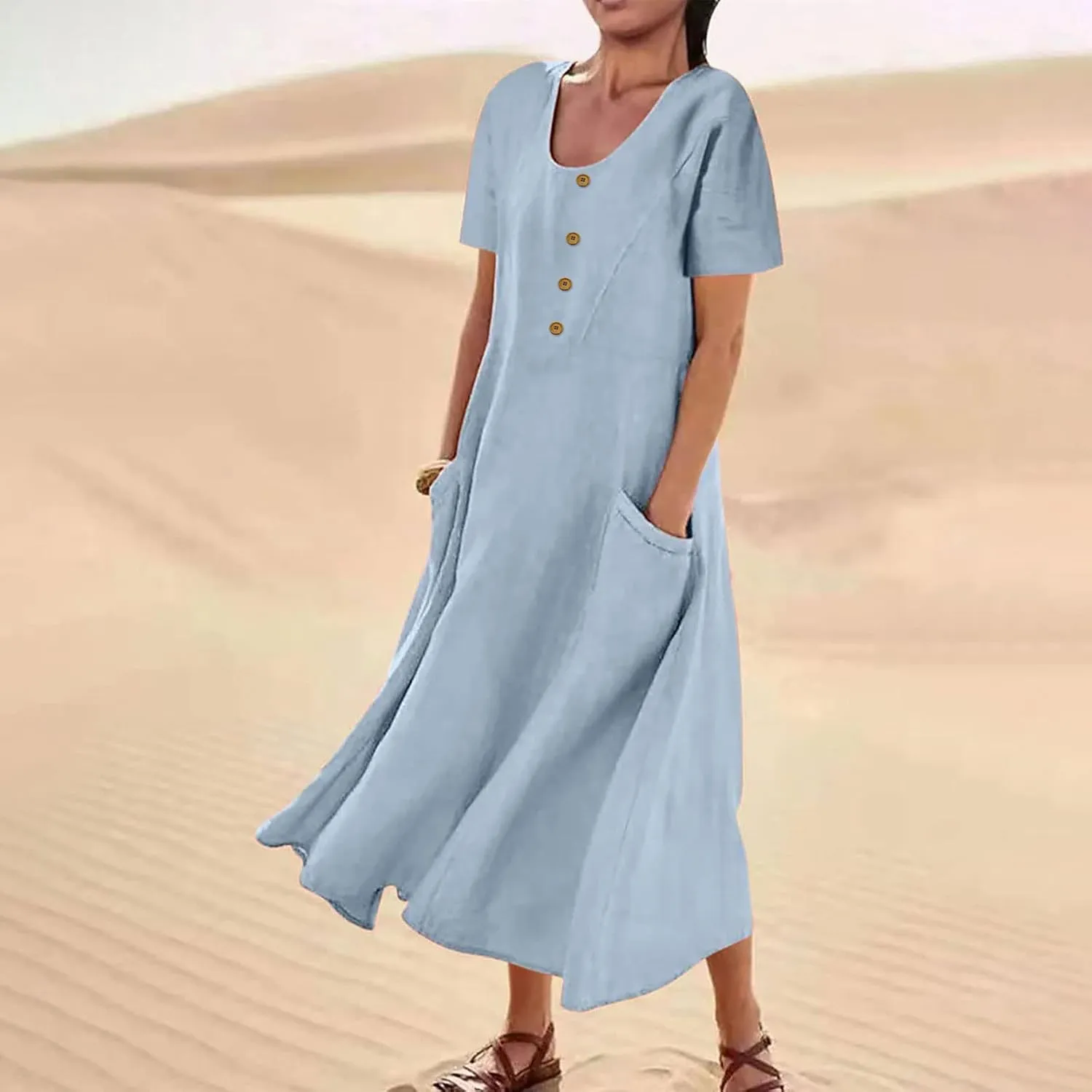Casual Summer Dresses for Women Short Sleeve Cotton Linen Dress Plus Size Maxi Long Dress Flowy Sun Dress with Pockets