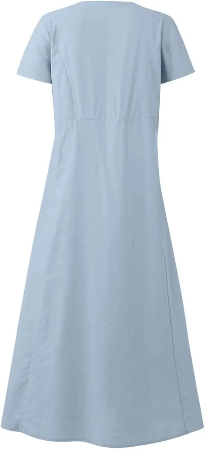 Casual Summer Dresses for Women Short Sleeve Cotton Linen Dress Plus Size Maxi Long Dress Flowy Sun Dress with Pockets